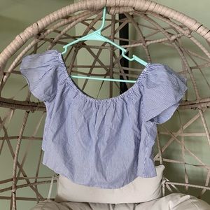 Forever 21 Contemporary Crop Top Size Medium Off Shoulders Blue & White Stripes